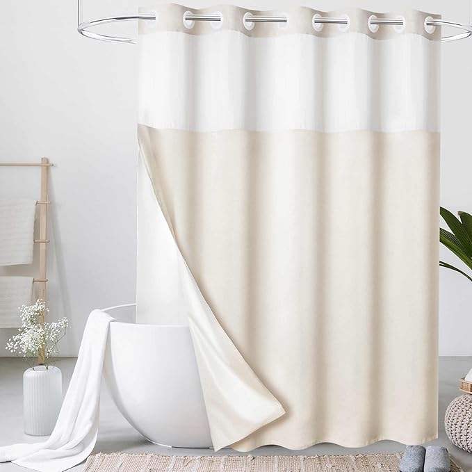 WELTRXE No Hook Shower Curtain with Snap in Liner, 230GSM Waterproof Fabric Hotel Luxury Weighted Bath Curtain with See Through Mesh Top Window, Machine Washable, 72 x 74 Inch, Beige
