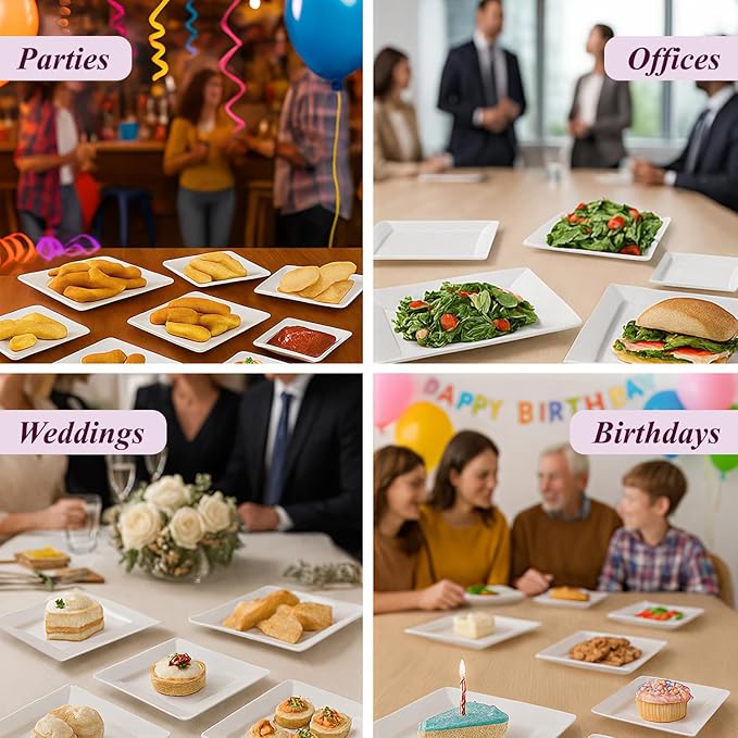 Aya's Cutlery Kingdom 100 Square Plastic Plates - Heavy Duty Disposable Plates - Includes 50 Dinner Plates (10-Inch) and 50 Salad Appetizer Plates (7-Inch) - Elegant White Party Plate for Holidays