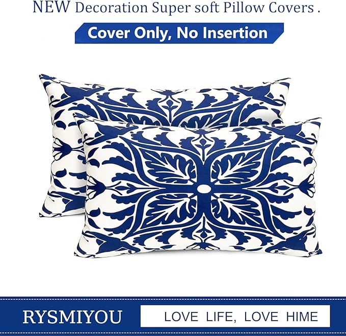 Decorative Throw Pillow Covers Set of 2 Blue Pillow Covers 12x20 inch Short Plush Floral Flower Throw Pillows,Farmhouse Cushion Covers Outdoor Pillow Covers for Couch Sofa Bed Living Room