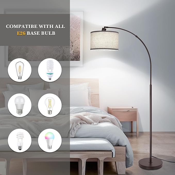 Floor Lamp for Living Room，Arc Floor Lamp with Adjustable Lamp Head Tall Pole Standing Lamp with On/Off Pedal Switch Over Couch Arched Reading Light for Bedroom Study Room 8W LED Bulb Included （Brown）