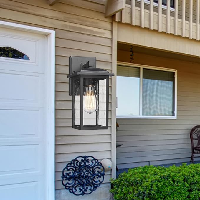 Outdoor Wall Sconces 2 Pack, Exterior Light Lantern Fixtures, Porch Light Lamps Outdoor Wall Mounted in Black Finish with Seeded Glass for House, Garage, Patio, Yard, Garden
