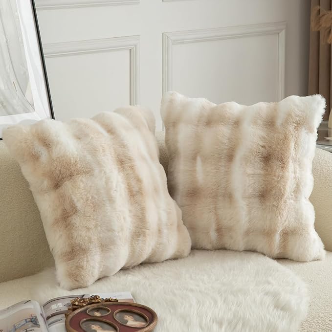 MANDIOO Pack of 2 Thick Plush Wool Decorative Throw Pillow Covers Super Soft Wave Bubble Fur Velvet Cushion Covers Pillow Shams for Couch Bed Living Room 26x26 Inch White Beige