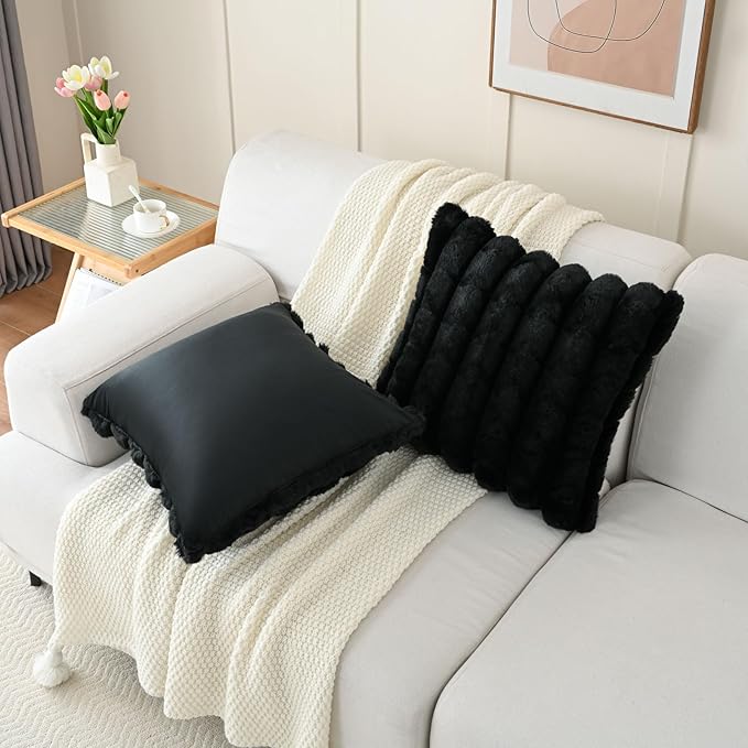 FUTEI Black Decorative Throw Pillow Covers 18x18 Inch Set of 2, Square Soft Faux Rabbit Fur Big Plaid Cushion Cover,Home Decor for Couch Sofa Bed Living Room
