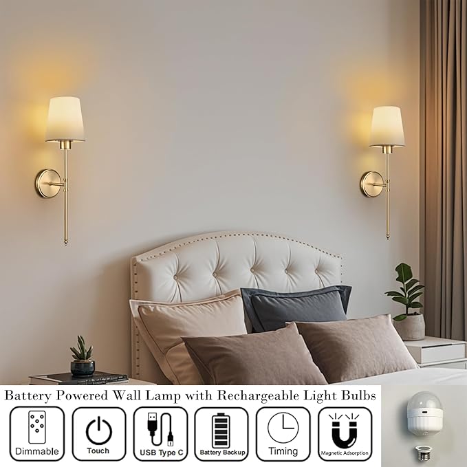 Battery Operated Wall Sconces Set of 2, Gold Rechargeable Wall Lights with Remote 16 Colors Wireless Wall Lamp for Bedroom Living Room Hallway (Dimmable Bulb Included)