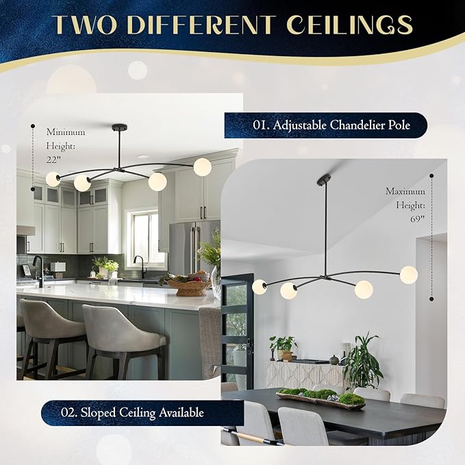Modern Black Sputnik Chandelier for Dining Room L51” Mid Century Milk Glass Globe Ceiling Pendant Lighting Fixture Contemporary 4 Lights for Kitchen Island Bar Bedroom Home Office