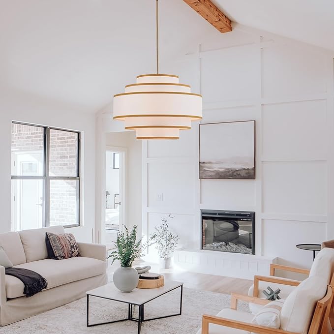 25.6" Gold Drum Chandelier with White Linen Lampshade 6-Light Modern Farmhouse Chandelier Light Fixture for Living Room, Dining Room, Kitchen Island, Entryway, Stairway