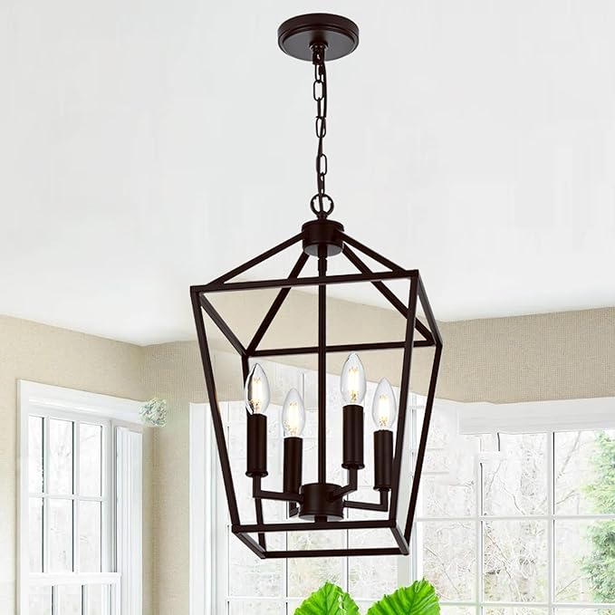 MELUCEE Farmhouse Chandelier in Oil Rubbed Bronze 4 Lights Lantern Pendant Light Vintage Openwork Cage Hanging Light Fixtures Ceiling for Kitchen Island Dining Room Entryway, E12 Base