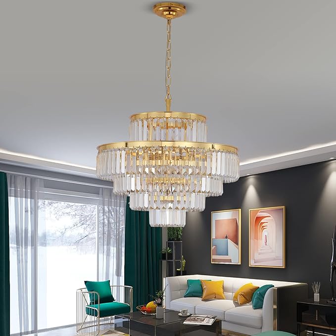 Gold Modern Style Crystal Chandeliers & LightsRound Hanging Classic, Pendant Ceiling Chandelier Lighting Fixture 5-Tier for Dining Room Living Room(Golden Orange,24 inch)