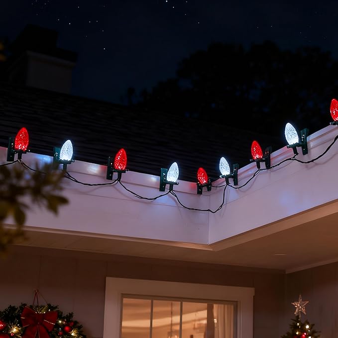 Dazzle Bright C9 Christmas String Lights, 100 LED 66 FT Waterproof Connectable Fairy Lights with 100 Spring Clips Timer, Christmas Decoration for Outdoor Roofline Home Garden Yard Tree (Red & White)