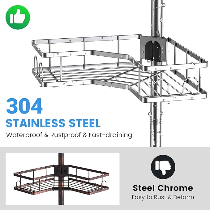Corner Shower Caddy Tension Pole: 4tier adjustable Rustproof Bathroom Organizer Shelves - Bathtub shampoo rack 43.5-120 inch