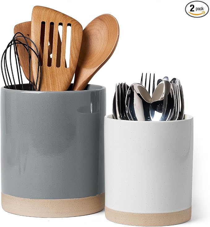 famiware Milkyway Kitchen Utensil Holder for Countertop, Ceramic Cooking Utensil Crocks for Kitchen Counter, Utensil Organizer for Spatula & Spoon, Set of 2, Dark Gray and White
