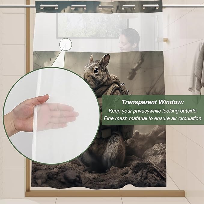 Cute Squirrel Shower Curtain Abstract Anime Theme Shower Curtain with Snap in Fabric Liner Set, Detachable Liner, See Through Mesh Top Window, Waterproof Washable 72" W x 74" H