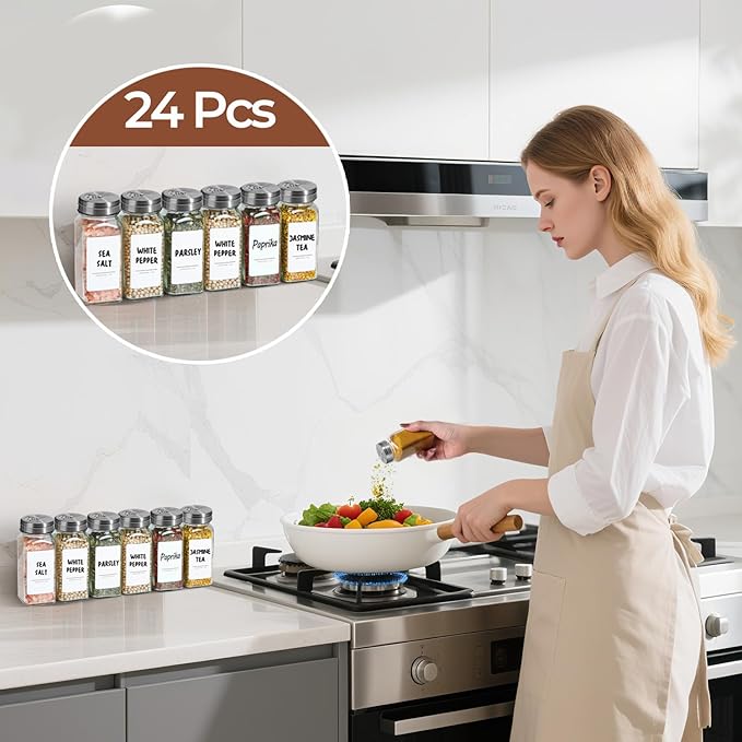 ComSaf 4oz 24PCS Spice Jars with Adjustable Shaker lids，93 Labels, Comdiment Jars Set, Empty Spice Containers and Square Ingredient Bottles for Kitchen and Seasoning, Salt and Pepper Shaker Set