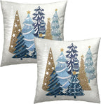 Christmas Tree Pillow Covers 18x18, Set of 2 Xmas Blue PineTrees Snowflakes Winter Holiday Decorative Pillow Protector Cases Square Cushion Cover for Sofa Couch Home Decor