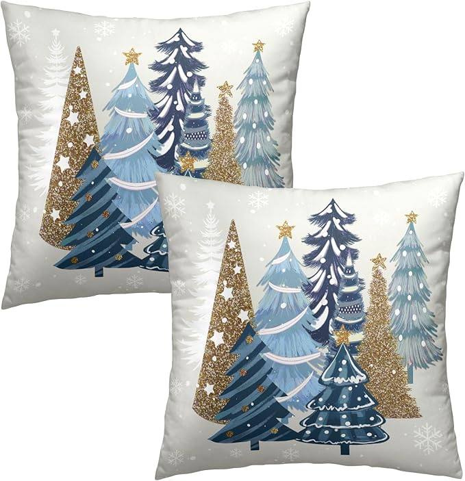 Christmas Tree Pillow Covers 18x18, Set of 2 Xmas Blue PineTrees Snowflakes Winter Holiday Decorative Pillow Protector Cases Square Cushion Cover for Sofa Couch Home Decor