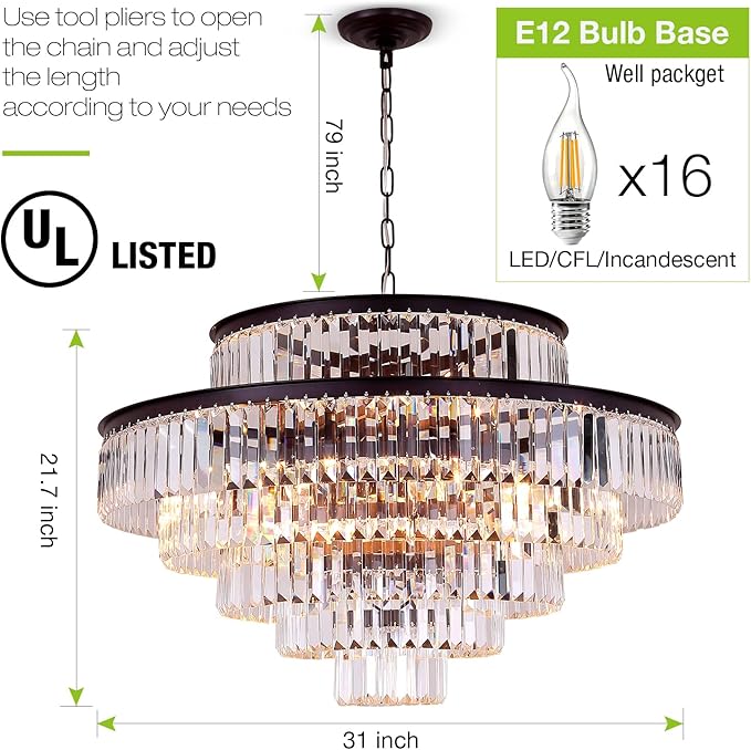 31" Black Crystal Chandelier, Modern 6-Tier Ceiling Light with Clear Crystal Prisms, Luxury Pendant Lighting for Dining Room Entryway