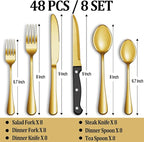 48 Pcs Gold Silverware Set with Steak Knives, Stainless Steel Flatware Cutlery Set Service for 8, Kitchen Tableware Sets, Utensil Sets for Home and Restaurant, Knives Forks Spoon, Dishwasher Safe