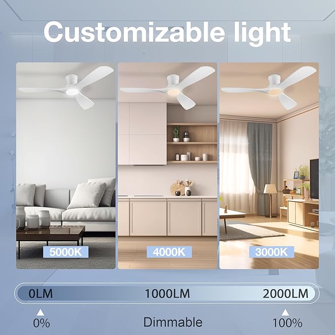 52in Smart Low Profile Ceiling Fans with Lights Remote,Quiet DC Motor,Outdoor Indoor Flush Mount Ceiling Fan,Control with WIFI Alexa App,Dimmable,6-speed,3 White Wood blades,for Modern Bedroom Patio