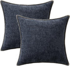 MIULEE Pack of 2 Couch Throw Pillow Covers 18x18 Inch Dark Blue Farmhouse Decorative Pillow Covers with Stitched Edge Soft Chenille Solid Dyed Spring Pillow Covers for Sofa Bed Living Room