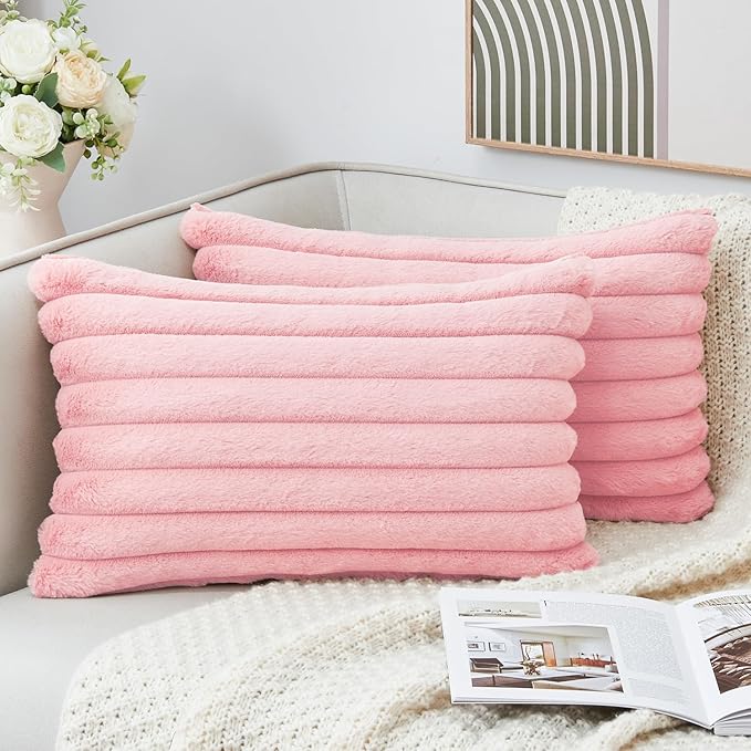 Throw Pillow Covers Decorative Faux Fur Set of 2 12x20 Inch Pillow Covers, Soft Pink Lumbar Plush Striped Pillowcases for Couch Sofa Bed Living Room, Fluffy Cute Home Boho Accent Fuzzy Decor