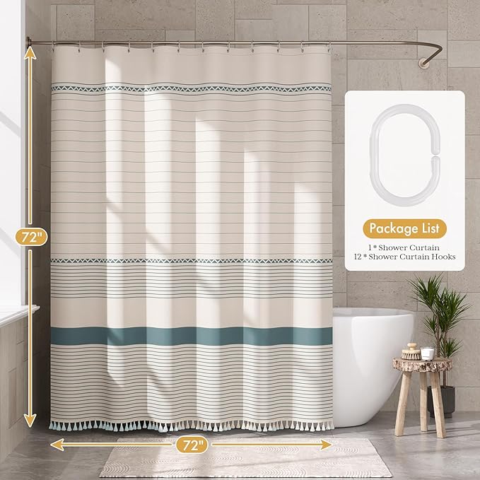 AmazerBath Farmhouse Shower Curtains for Bathroom, Boho Shower Curtain Set with Tassels, Rustic Faux Linen Blue Striped Neutral Shower Curtain with Hooks, Light Tan Toned, 72x72 Inches