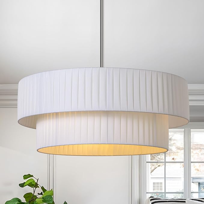 LamQee Fabric Chandelier, Curve Double Layer Ceiling Light Fixture with Adjustable Fabric Shade Modern Pendant Light (Drum-Nickel)