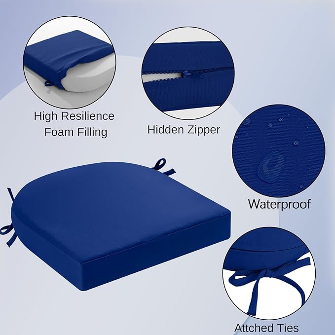 idee-home Outdoor Chair Cushions Set of 2, Thick 17" x 17" x 3" Patio Chair Cushions for Outdoor Furniture Waterproof with Ties, Outdoor Seat Cushion, Patio Chair Pads Dining Chair Dark Cerulean