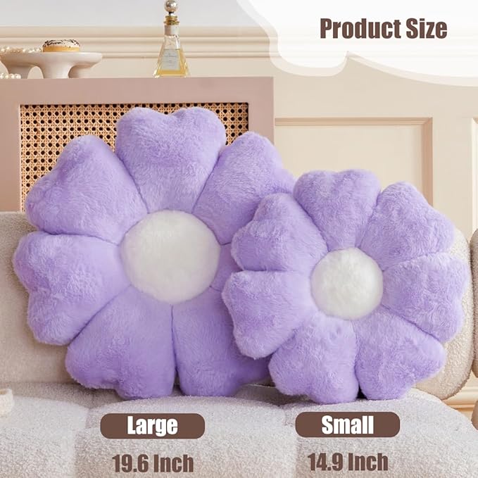 Flower Pillow, Lavender Daisy Flower Decorative Pillows for Bed, Cute 19.6" Flower Shaped Pillow with Soft Faux Rabbit Fur Dorm Home Decor Floor Seating Cushion