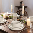 Famiware Star Dinnerware Set with Pasta Bowls, Service for 4 (16pcs), Ribbed Stoneware Plates and Bowls Dishes Sets - Chip & Scratch Resistant, Microwave & Dishwasher Safe, Matte White