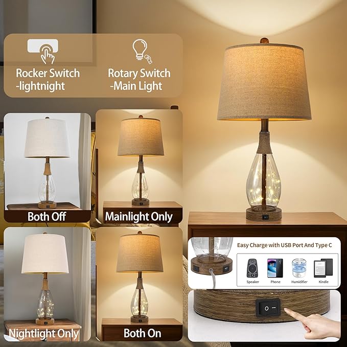 OYEARS Table Lamp Sets of 2,Lamps for Living Room,Bedside Lamps with USB A+C and Nightlight,Retro Farmhouse Rattan Glass,for Bedroom Living Room Bedroom,Two Light Points,23"