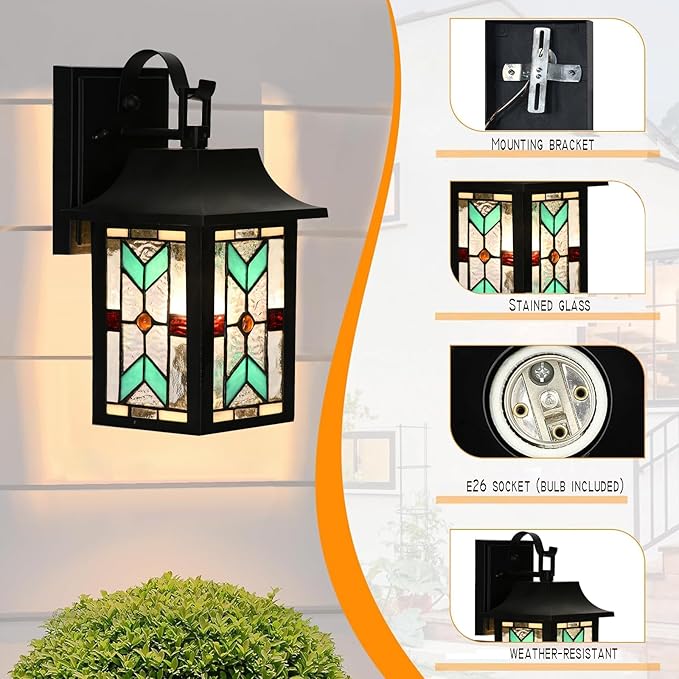 WL0009 Tiffany Style Outdoor Light Fixutres Stained Glass Wall Sconce Exterior Waterproof Wall Lantern Light for Balcony Aisle Hallway W 7X D 6 x H 12 Inches, Bulb Included (Chrolume)