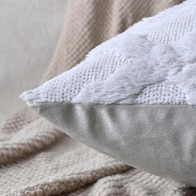 Set of 2 Soft Moroccan Throw Pillow Covers 18x18 Inch Plush Boho Decorative Pillow Cover Accent Cushion Case for Couch Sofa Bed, Grey