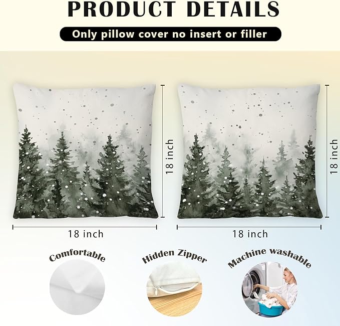 JINYO Rustic Christmas Tree Winter Pillow Covers 18x18, Farmhouse Christmas Decor, Rustic Xmas Winter Forest Nature Snowflake Throw Pillow Covers for Home Living Room Bedroom Set of 2
