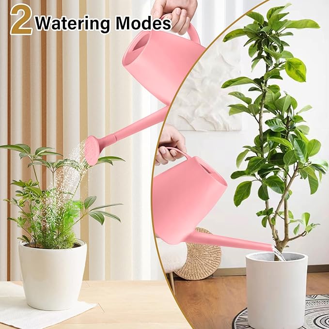 Plastic Watering Can - for Indoor and Outdoor House Plant Garden - with Long Spout - 1/2 Gallon - Pink