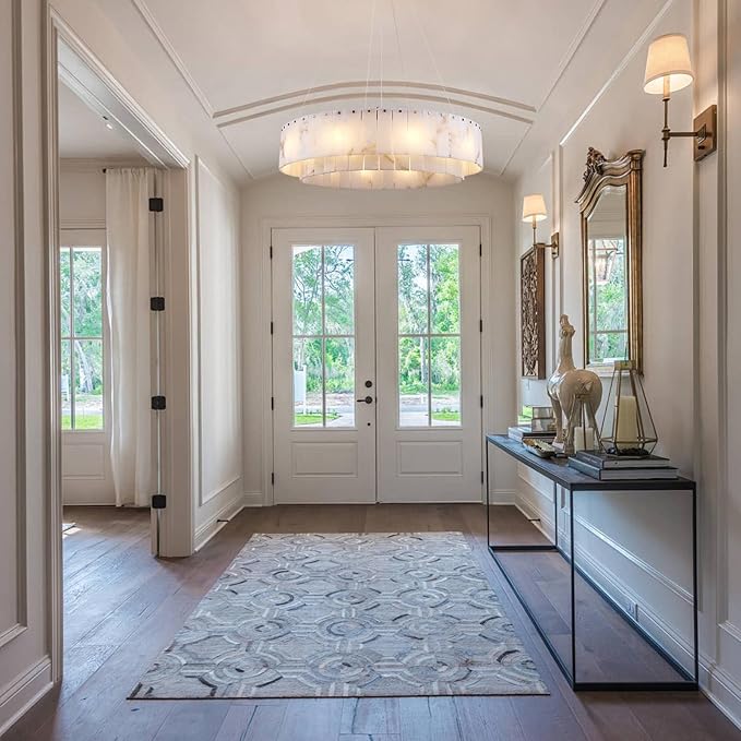 Alabaster Chandelier D31in Spanish Natural Marble Round Chandeliers, 2 Tiers Modern Living Room Chandelier, Alabaster Pendant Light Fixture, Dimmable Chandeliers for Bedroom, Entryway, Foyer