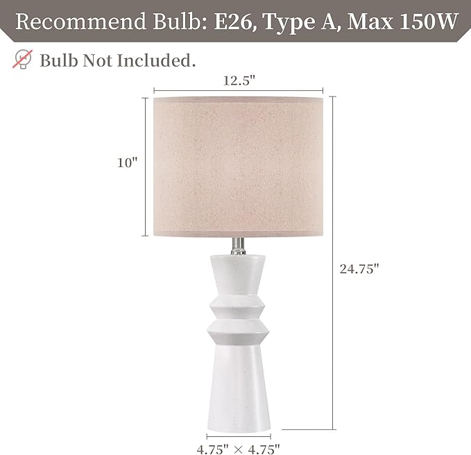 24.75 Inch White Ceramic Table Lamp Set of 2 with Oatmeal Fabric Shade, 3-Way Dimmable Tall Modern Lamp for Living Room, Bedroom, Office Desk & Nightstand