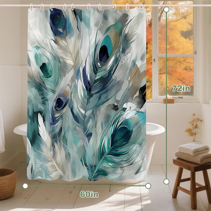 Vintage Peacock Feathers Theme Bathroom Bathtubs Fabric Shower Curtain Modern Watercolor Peafowl Feather Shower Curtain Set with 6 Hooks 60x72 inch Polyester Machine Washable, Blue Grey and White