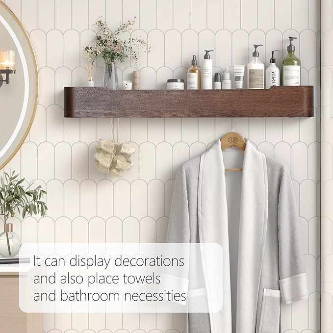 Coat Rack Wall Mount with Hidden Hooks Entryway Hanging Shelf Modern Wood Coat Hanger for Bedroom Kitchen Hallway Bathroom (Walnut,32.7 Inch Long)