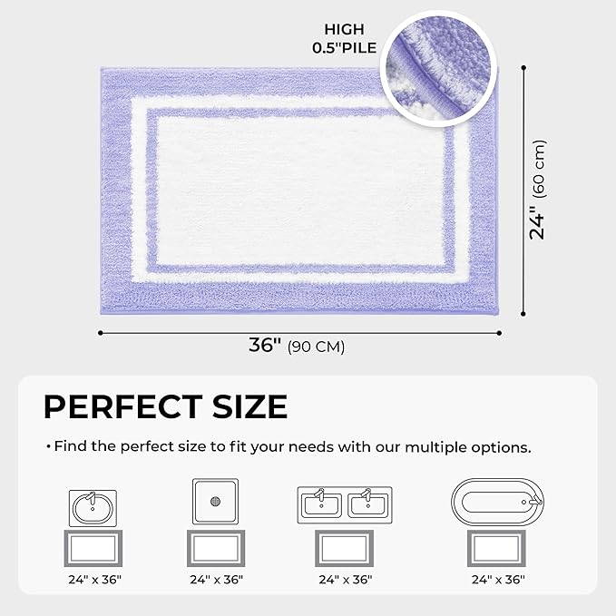 GRANNY SAYS Microfiber Bathroom Rugs Non Slip Washable, Water Absorbent Bathroom Mats for Tub Non Slip, Soft Bath Mats for Floor & Shower, Long Bath Rug, 24" x 36", 36" x 24", Purple