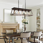 Q&S Farmhouse Rustic Chandelier Light Fixtures Bronze 5 Lights Linear Rectangular Chandelier Pendant Light Fixtures for Dining Room Kitchen Island Pool Bar Office Living Room Entryway UL Listed