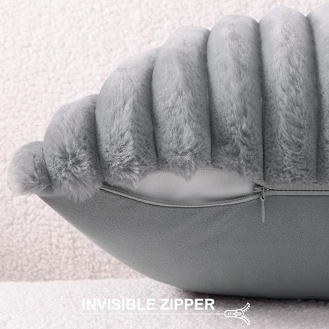 Pallene Faux Fur Plush Throw Pillow Covers 16x16 Set of 2, Luxury Soft Fluffy Striped Decorative Pillow Covers for Sofa, Couch, Living Room, Grey