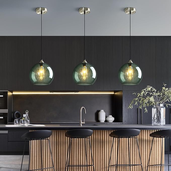 Gray Green Glass Pendant Lights Kitchen Island Lighting Globe Pendant Light Fixtures Modern Pendant Lighting for Kitchen Island Bedroom Living Dining Room Light Fixture(9.84in, 3-Pack)