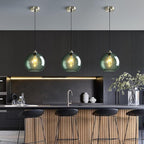 Gray Green Glass Pendant Lights Kitchen Island Lighting Globe Pendant Light Fixtures Modern Pendant Lighting for Kitchen Island Bedroom Living Dining Room Light Fixture(9.84in, 3-Pack)