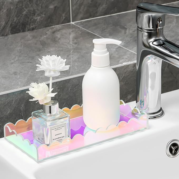 Iridescent Acrylic Bathroom Vanity Tray 7.9",Iridescent Soap Dispenser Decorative Scalloped Tray for Bathroom Kitchen Living Room Decor Colorful Vanity Perfume