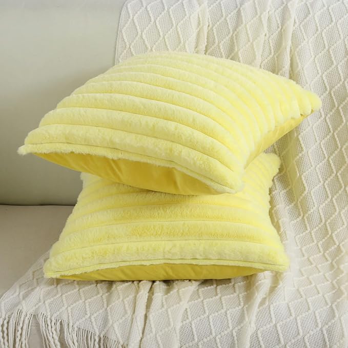 FUTEI Yellow Striped Decorative Throw Pillow Covers 24x24 Inch Set of 2,Square Winter Decorations Couch Euro Pillow Case,Soft Cozy Faux Rabbit Fur & Velvet Back,Modern Home Decor for Bed