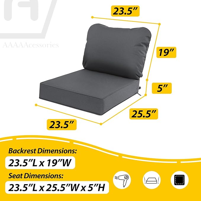AAAAAcessories Outdoor Deep Seat Cushions, Waterproof, Fade-Resistant Patio Furniture Replacement Cushions, 23.5" x 25.5" x 5" + 23.5" x 19", Set of 2, Dark Gray
