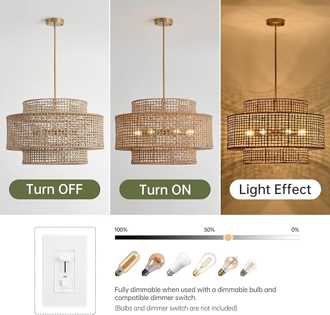 24” Rattan Chandelier for Dining Room, Large Boho 6-Light Rustic Chandeliers Light Fixture with Wicker Shade, Hand Woven Farmhouse Pendant Lighting for Kitchen Bedroom, Living Room, Foyer