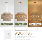 24” Rattan Chandelier for Dining Room, Large Boho 6-Light Rustic Chandeliers Light Fixture with Wicker Shade, Hand Woven Farmhouse Pendant Lighting for Kitchen Bedroom, Living Room, Foyer
