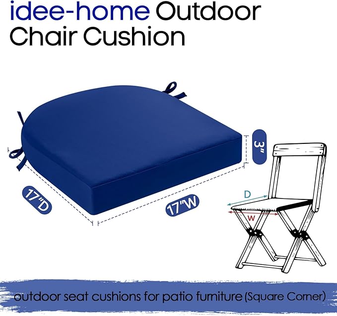idee-home Outdoor Chair Cushions Set of 2, Thick 17" x 17" x 3" Patio Chair Cushions for Outdoor Furniture Waterproof with Ties, Outdoor Seat Cushion, Patio Chair Pads Dining Chair Dark Cerulean