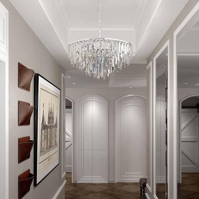 Chrome Crystal Chandelier for Dining Room, 24" Modern Round Chandeliers 5-Tier 8 Lights Adjustable Ceiling Light Fixture K9 Raindrop Crystal Pendant Lamp for Living Room Bedroom Foyer